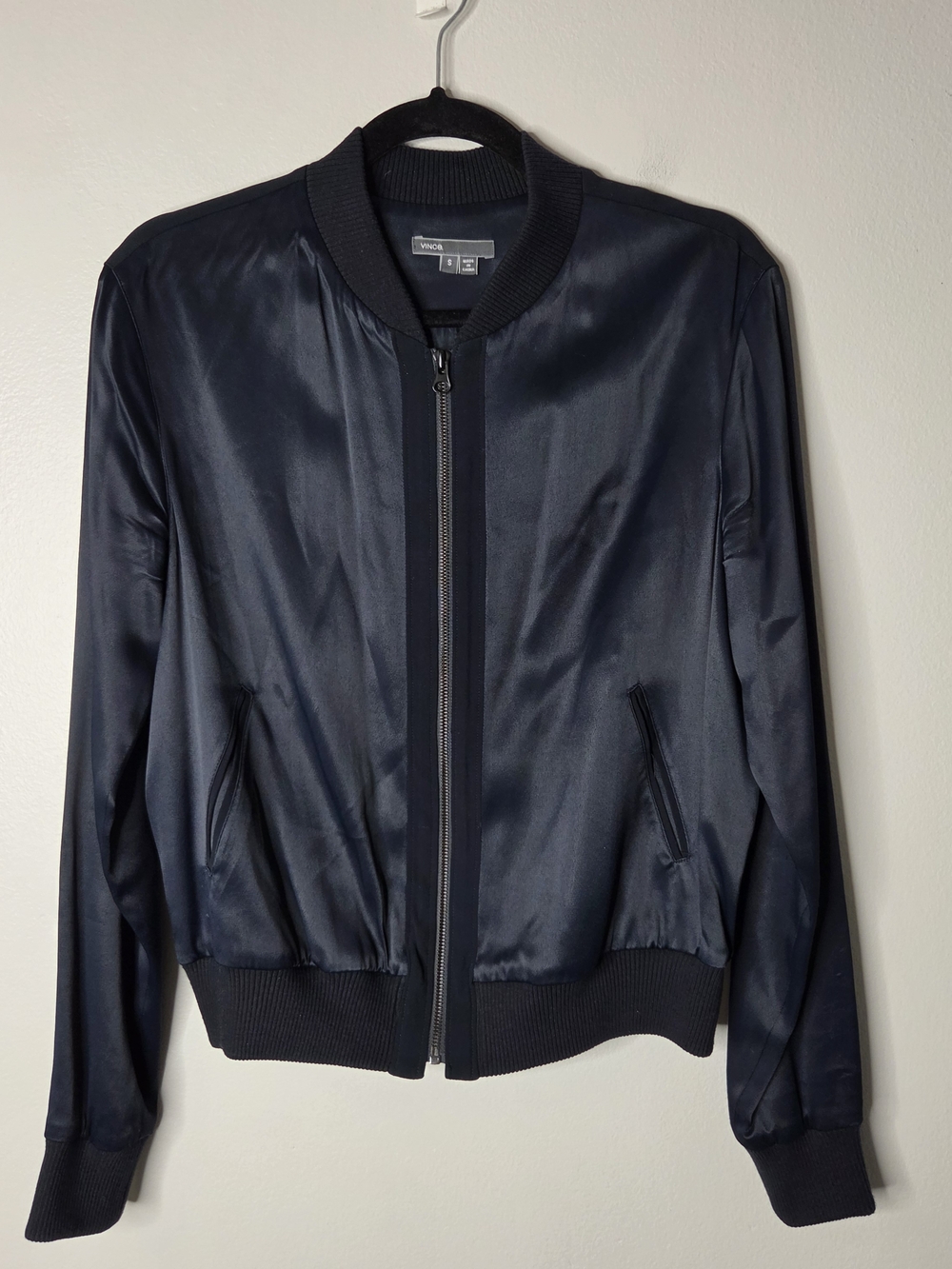 Vince Navy Satin Zip-Front Bomber Jacket